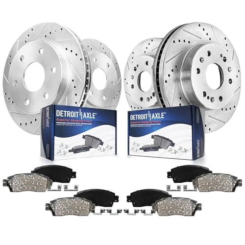 Image of Detroit Axle - Brake Kit for Silverado Sierra 1500 Tahoe Yukon XL Suburban Escalade ESV Drilled and Slotted Brake Rotors Ceramic Brakes Pads Replacement : 12.99 inch inch Front & 13.58 inch inch Rear Rotor