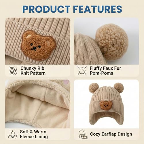 Image of Kraptick Children's Pompom Winter Warm Caps for Toddlers & Kids, Soft Knitted Beanie with Warm Earflaps, Cute Teddy Bear Design, Unisex Baby Woolen Hat-2