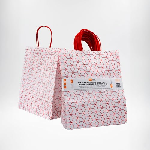 Bicapack - 25 Bolsas de Papel Kraft Blanco con Asas Torcidas (24x10x30 cm) | Diseños Geométricos en Naranja, Rojo o Verde | Papel 100% Reciclado de Alta Resistencia (80 g/m²) (Rojo)