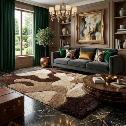 Image of SWEET HOMES Luxury Abstract Shag Rug, Thick Soft Square Area Carpet for Living Room, Bedroom, 8 x 8 Feet (244 x 244 cm), Brown