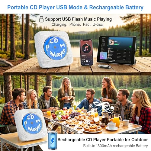 Image of Gueray CD Player Portable Bluetooth: Mini CD Player with 1800mAh Battery Desktop & Wall Mountable for Home /Kitchen Personal CD Player with Speakers FM Radio for Kids & Kpop Fans