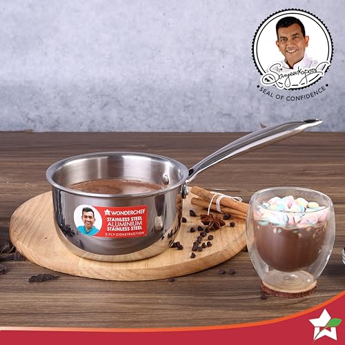 Image of Wonderchef Nigella Tri-Ply 14 cm Sauce Pan | 1.2 Liters | 2.5 mm Thickness | Silver | 10 Years Warranty