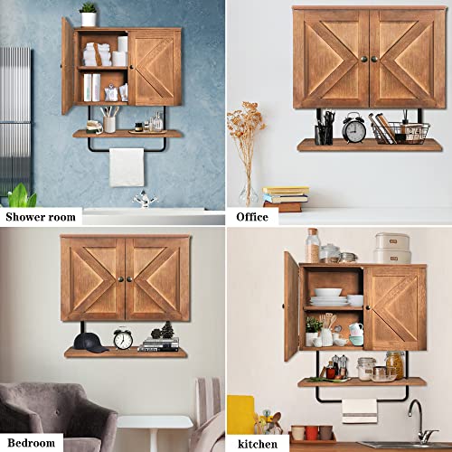 Spaclear Wall Mounted Bathroom Cabinet,22X26X8 Inch Wooden Bathroom Medicine Cabinet With Towels Bar,Large Capacity Bathroom Bathroom Wall Cabinet With Adjustable Shelf-Rustic Brown #TOP5