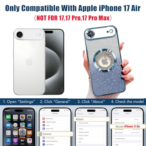 Image of Misscase for iPhone Air Magnetic Glitter Case Compatible with MagSafe,Full Protection Slim Shockproof Case with Camera Lens Protector Plating Bling Cover Case for iPhone 17 Air 6.5 inch Blue