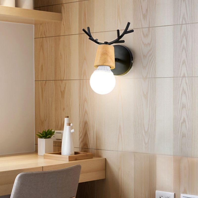 Image of LITFAD Minimalist Wall Sconce Deer Horn Shape Wall Light Modern Wall Mounted Lamps Single Light Exposed Bulb Design Wall Lighting Fixtures for for Hallway, Bedroom, Living Room, Bathroom,Black-Wood
