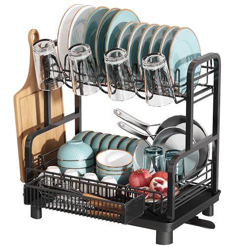 Boosiny Escurreplatos Acero Inoxidable con Drenaje Automático, Escurridor de Platos Grande de 2 Niveles con Portavasos y Porta Utensilios, Escurridor para Fregadero (Negro)
