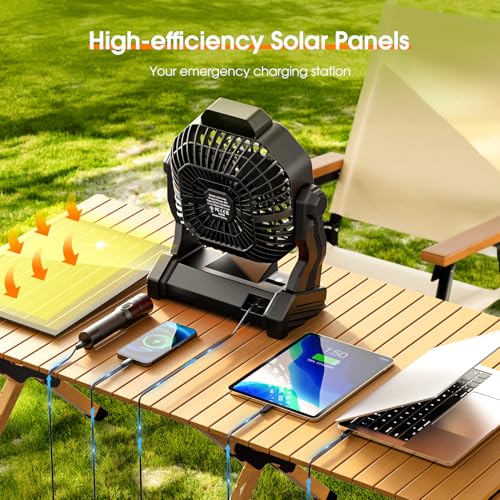 Rechargeable Solar Powered Fan,(30Hours Working) Solar Camping Fans & Led Lantern,8-inch Portable Fan with 7W Solar Panel, Battery Operated Powered Outdoor Tent Fans for Camping Essentials Accessories