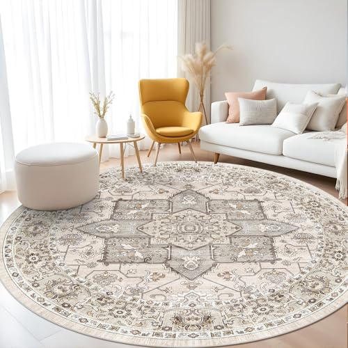 RUUGME Vintage 6round Rug Washable - Large Boho Rugs for Living Room Stain Resistant Carpet Vintage Tribal Rugs for Bedroom Kitchen Bathroom with Non Slip Backing Floor Decoration Mat 6ft Ivory