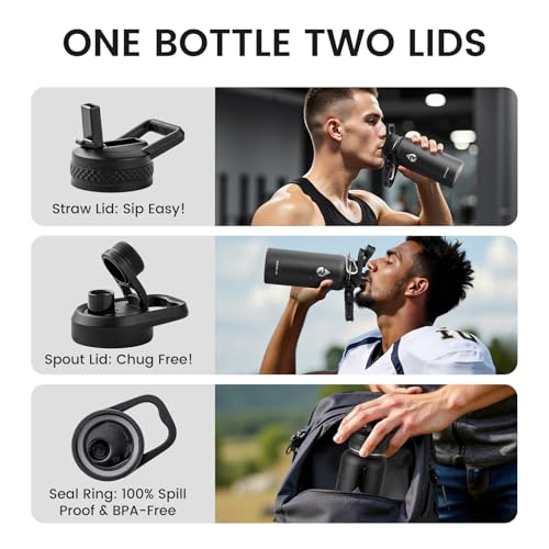 Image of RAYMYLO Insulated Water Bottle 32 oz, Triple Wall Vacuum Stainless Steel (Cold for 24Hrs, Hot for 12Hrs), Leak Proof & Non-BPA, Modern Water Flask Jug with Paracord Handle & Straw Spout Lids