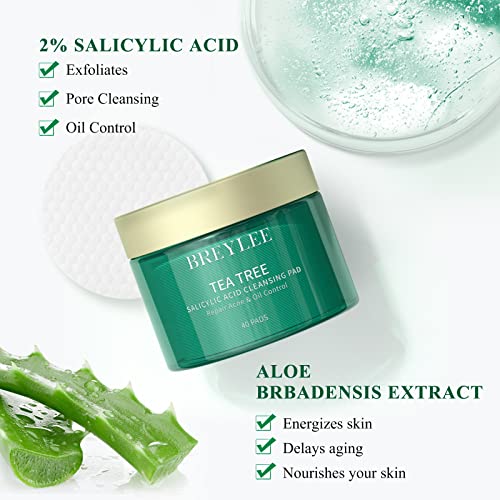 2% Salicylic Acid Acne Pimples Cleansing Pads, Breylee Tea Tree Oil Face Wipes, Dead Skin Remover, Spot Treatment, Facial Exfoliating, Daily Defense For Acne Prone Skin, Aloe Hyaluronic Acid, 40 Pads #TOP1