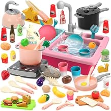 CUTE STONE Color Changing Play Kitchen Sink Toys with Upgraded Real Faucet, Kids Cooking Toys Set with Play Pots and Pans, Electronic Induction Cooktop with Sound and Light, Cookware Utensils