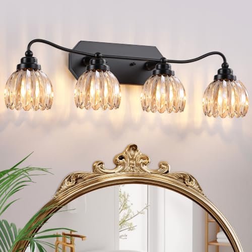 Image of Vintage Vanity Lights, 4‑Light Antique Matte Black Finish | Amber Tulip Crystal Bathroom Light Fixtures, Mid‑Century Style, Bathroom Lighting Over Mirror for Bedroom, Easy to Install