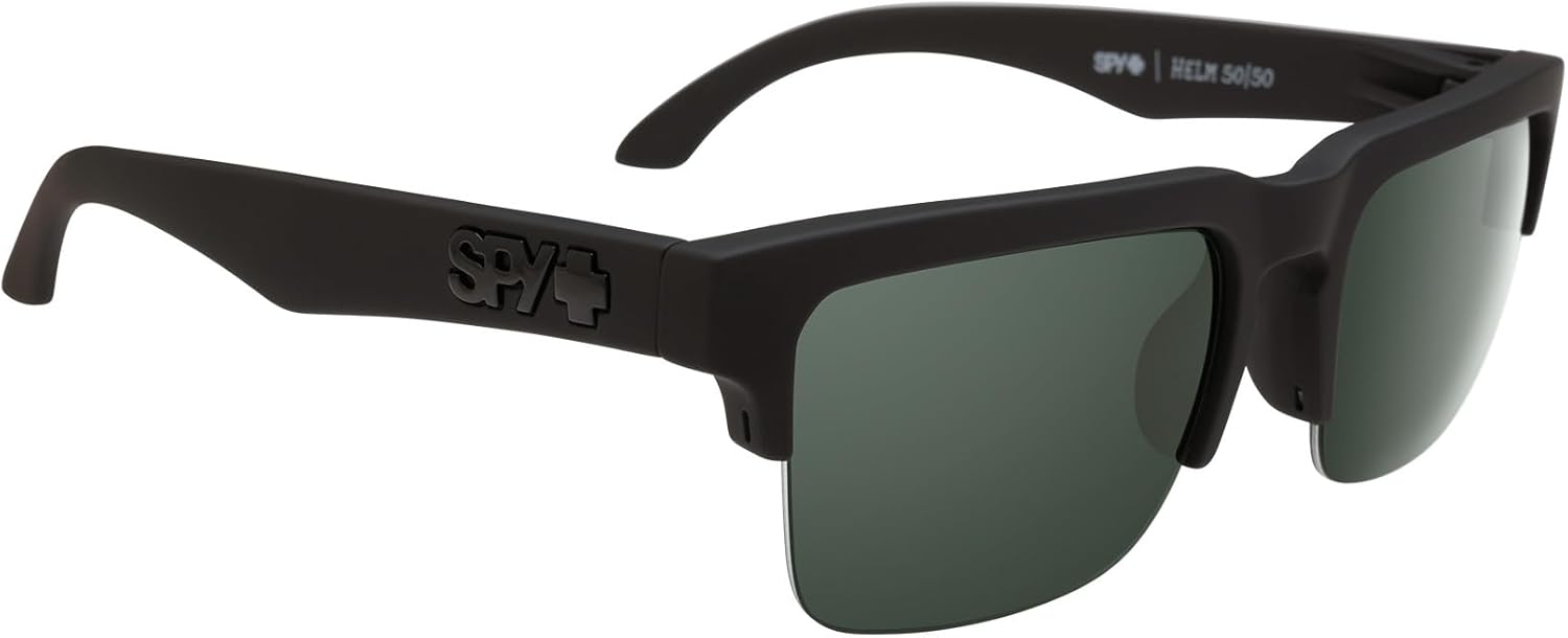 Spy Optic Helm 50/50, Square Semi-rimless Sunglasses, Color and Contrast Enhancing Lenses, Soft Matte Black - Happy Gray Green Polarize Lenses