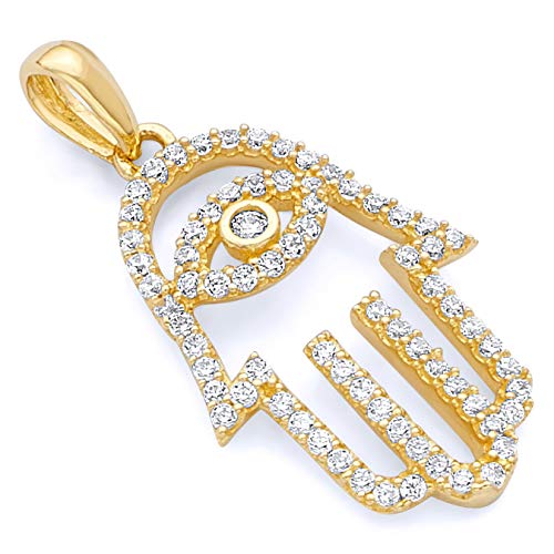 14k REAL Yellow Gold Hamsa Hand CZ Charm Pendant