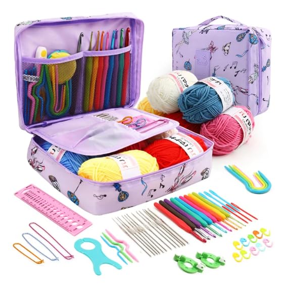 Kit Crochet Débutant Acemall Complet - 9 Crochets 2-6mm + Laine + Accessoires - Sac Portable
