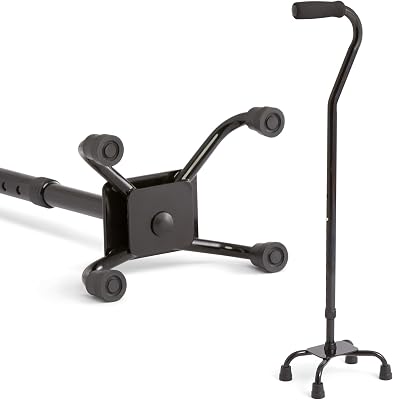 Medline Aluminum Quad Cane with Small Base, 300 lb Capacity, for Balance, Knee Injuries, Leg Surgery Recovery & Mobility, Portable, Sturdy Walking Aid for Seniors & Adults