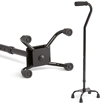 Medline Aluminum Quad Cane with Small Base for Balance, Height Adjustable 29" to 38", Knee Injuries, Surgery Recovery & Mobility, Lightweight Walking Aid for Seniors & Adults, 300 lb Weight Capacity