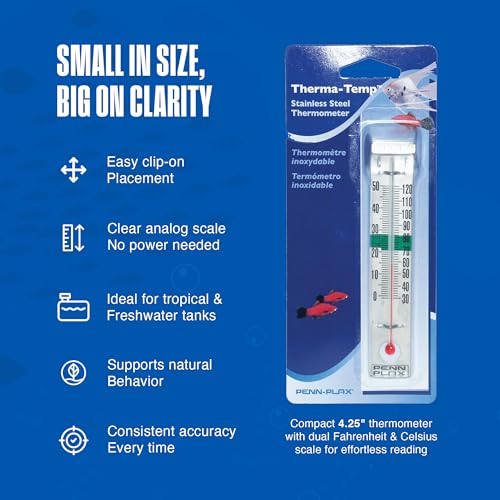 Image of Penn-Plax Therma-Temp Stainless Steel Thermometer - Accurate Aquarium Thermometer - Easy to Read - Dual Scale for Freshwater and Saltwater Tanks - Rust-Resistant Clip-On Design - 4.25 Inches