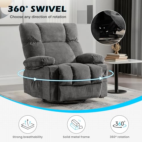 Image of MAHOMICO Recliner Chair Oversized Swivel Rocker with Vibration Massage & Lumbar Heating, 360 Swivel, USB Charging Port, Cup Holders & Side Pocket for Living Room