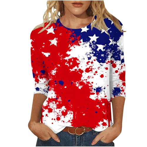 Image of Fourth of July Shirts for Women 3 /4 Sleeve Summer Tops American Flag Print T Shirt Patriotic 4th of July Shirts 2025