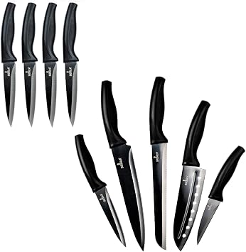 SiliSlick Kitchen Knife Set & Steak Knives Bundle Titanium Coated Blades with Safety Sheaths