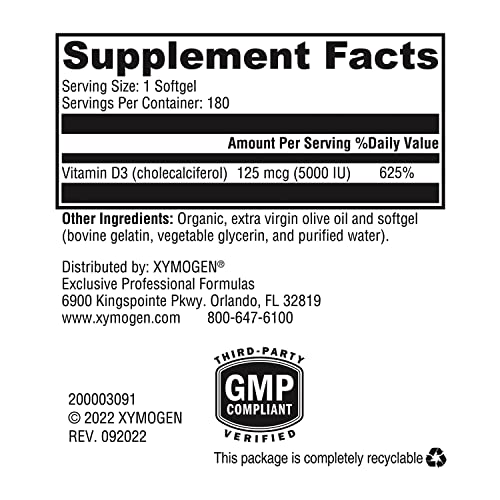 Xymogen D3 5000 - Bioavailable Vitamin D3 5000 Iu (125 Mcg) - High Potency Vitamin D Supplement To Support Immune Health, Bone + Heart Health (180 Softgels) #TOP3