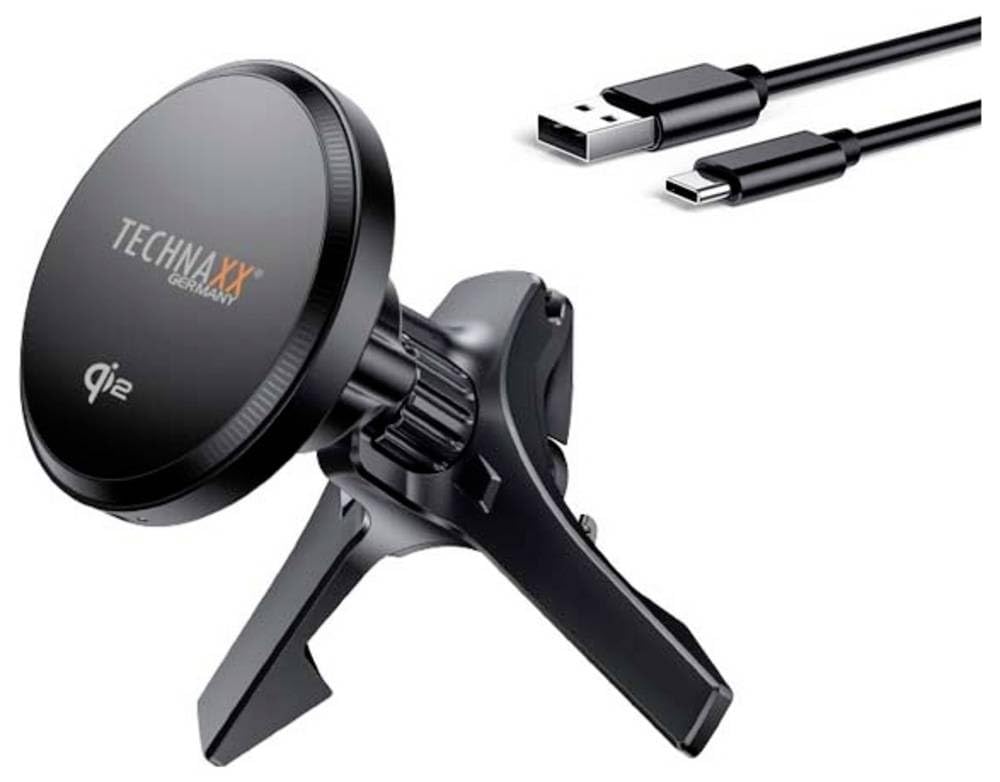 Technaxx Magnetisches Autoladegerät 15W, Qi2 Auto-Halterungsladegerät TX-323, Lüftungsschlitz-Handyhalter mit Metallring, USB-A-zu-USB-C-Kabel – Kabelloses Laden für iPhone 12+ & Qi-fähige Smartphones