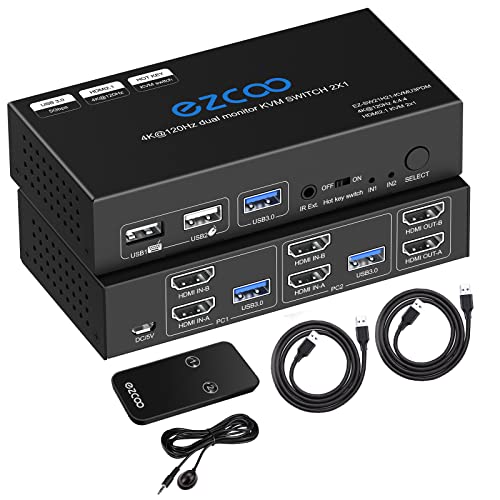 8K HDMI 2.1 KVM Switch Dual Monitor USB 3.0 2 Ports mit Hotkey 8K 60Hz 4K 120Hz 48Gbps HDCP2.3 HDMI Extended Display Share 2 PC mit einer Tastatur Mous HDR D-olby Vision VRR IR Remote Control