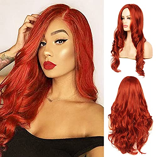 Baruisi Long Curly Wavy Orange Red Wigs for Women Natural Looking Side Part Synthetic Heat Resistant Fiber Cosplay Replacement Wig