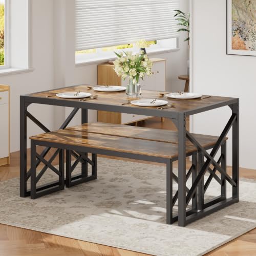 Image of VECELO 55 inch Kitchen Dining Table Set for 4, Heavy-Duty Steel Frame & Wood-Grain Tabletop, Space-Saving Dinette Sets with 2 Benches for Breakfast Nook and Small Space, Brown