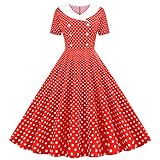 Women Vintage Polka Dot Double Breasted Lapel 1950s Audrey Hepburn Rockabilly Swing Dress Peter Pan Doll Collar Retro 50's 60's Cocktail Party A-Line Wedding Evening Prom Formal Midi Dress Red M