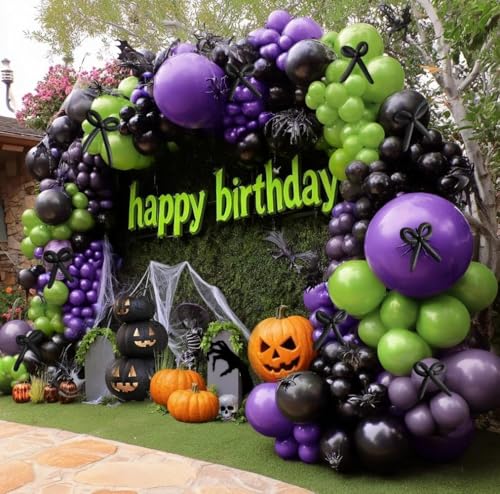 Image of Black Purple Balloon Garland Arch Kit, Double Stuffed Purple Black Balloons Lime Green Lavender Balloon Arch for Wedding Birthday Baby Shower Gothic Wednesday Party Decorations