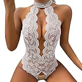 pitashe_Bekleidung Dessous-Set Damen Tiefer V-Ausschnitt Halfter Spitze Reizwäsche Negligee Babydoll Unregelmäßiger Hem Nachtwäsche Nachthemd Lingerie Nachtkleid G-String Sleepwear, XL, Weiß