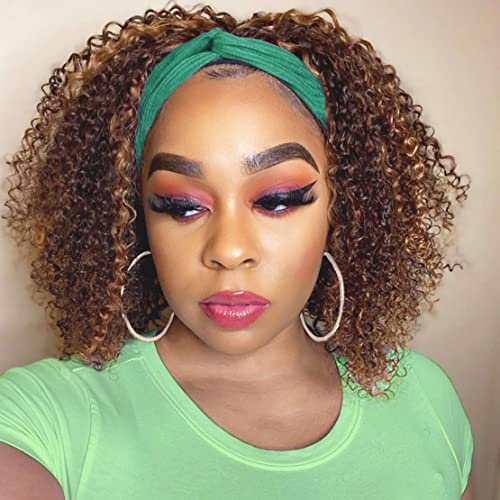 Image of Celiarita Highlight Ombre Headband Wig Deep Wave Human Hair Wigs 4 /27 Brazilian Virgin Curly Human Hair Headband Wigs for Black Women 10 Inch