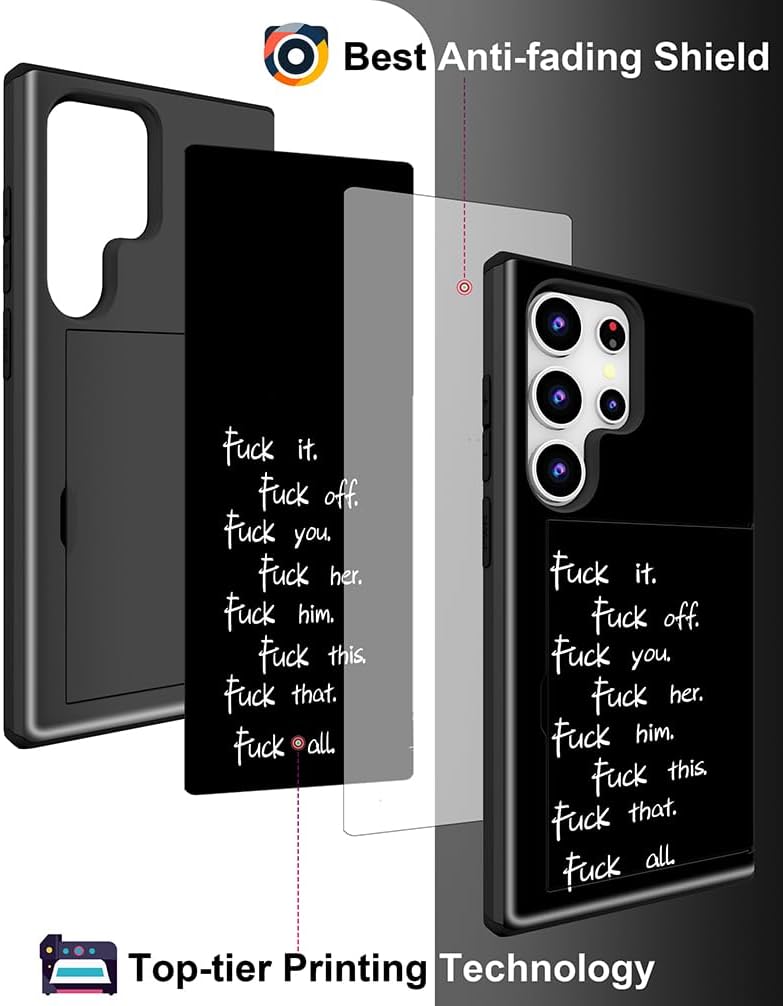 Compatible for Samsung Galaxy S25 Ultra Case with Card Holder Cute - Kawaii Design Military-Grade Drop Protection Rugged Wallet Cases for Women (Black Fuck Sayings Words) - Image 7