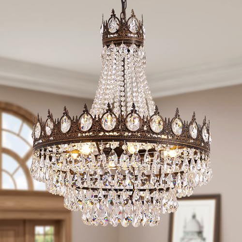 WECHAET Vintage Crystal Chandeliers for Dining Room Light Fixture, 9-Light Antique Bronze French...