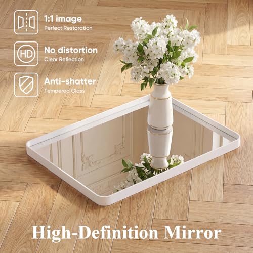 Image of Sweetcrispy Bathroom Mirror 36x24 Inch Metal Framed Rounded Rectangle Vanity Mirror for Wall, Over Sink, Farmhouse, Restroom, Anti-Rust, Modern Decorative, Horizontal or Vertical Hanging, White