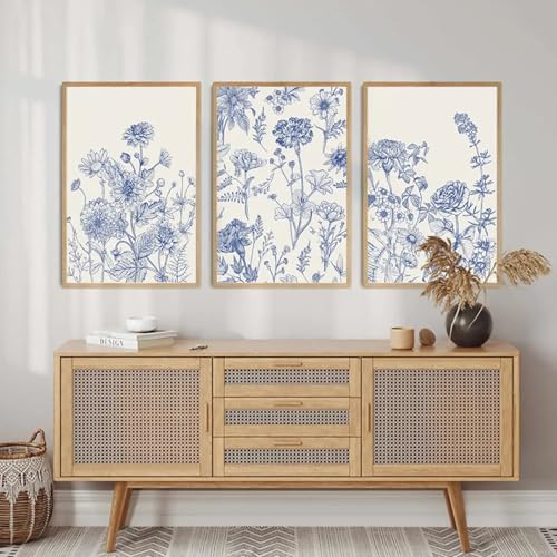 Art mural botanique bleu triptyque grand format pour chambre à coucher - 4