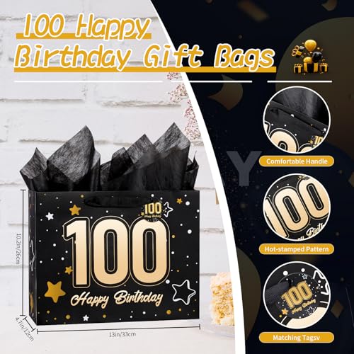 Image of Powbrace 13 inch Black 100th Birthday Gift Bag with Tissue Paper and Greeting Card for Party,Happy Birthday Gift Bag for Men Women,Gift Bags Medium size(1 Black 100th)