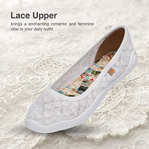 Uin Women's Art Painted Lace Ballet Flats Slip On Pointed Toe Casual Loafers Lightweight Comfort Travel Shoes Menorca White (5) #TOP1
