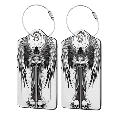 Angel Holding Sword Tattoo Design Luggage Tag for Suitcase 2 Pack Leather Luggage Tag with Privacy Flap Name Id Label and Metal Loop for Women Men Travel