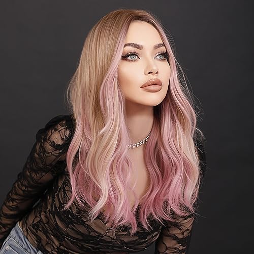 Perruque rose et blonde résistant à la chaleur avec avant en dentelle - 5