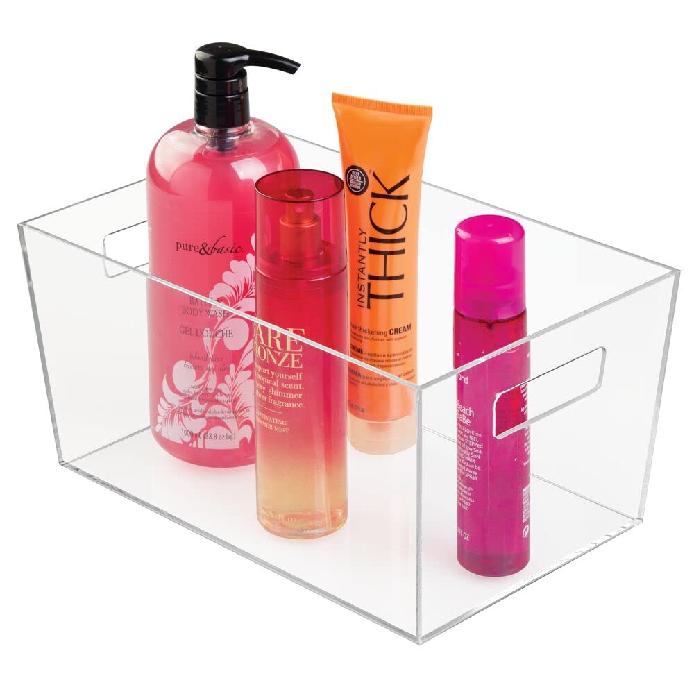 mDesign 4er-Set Ablagebox mit integrierten Griffen – große Aufbewahrungsbox für Make-up, Handtücher, Seifen und Shampoo – ideal zur Kosmetikaufbewahrung im Bad – durchsichtig