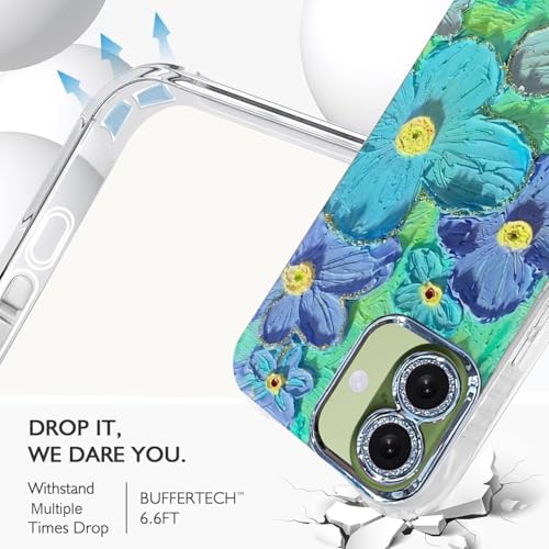 Image of Elzzi Compatible with iPhone 17 Case Oil Painting Flower Colorful with Lens Prtotection Shockproof PC+TPU Glossy Back Cover for Girls Women, Green