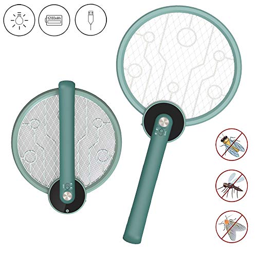 Elektrische Fliegenklatsche Fliegenfänger Moskito Zapper/Insektenvernichter USB Wiederaufladbare, Taschenlampe, 3-lagiges Sicherheitsnetz, für den Heim-, Innen- und Außenbereich HO-IK-03 (Grün)