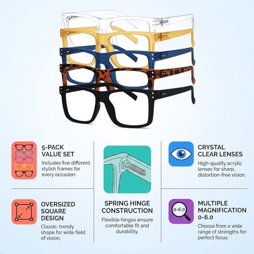 Eyekepper 5-pack Oversized Reading Glasses Women Men Square Large Frame Readers +1.5 - 5