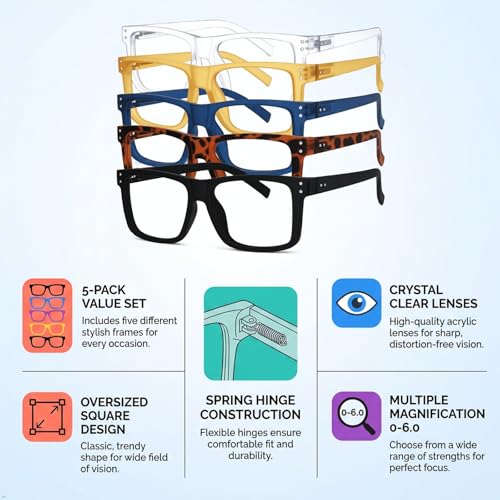Image of Eyekepper 0.25 Reading Glasses for Women Men, Oversized Readers, 5pack