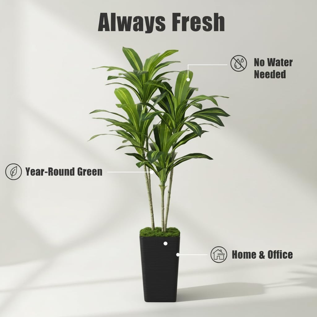 Artificial Dracaena Tree 5FT, Fake Tree with Black Tall Planter - Faux Yucca Tall Fake Floor Plant in Pot - Artificial Plant for Home Office Living Room Decor Indoor