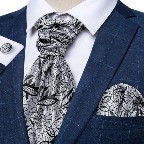 Image of DiBanGu 3PCS Ascot Ties for Men Wedding Jacquard Woven Silk Ascot Cravat for Men Cravat Tie and Pocket Square Set