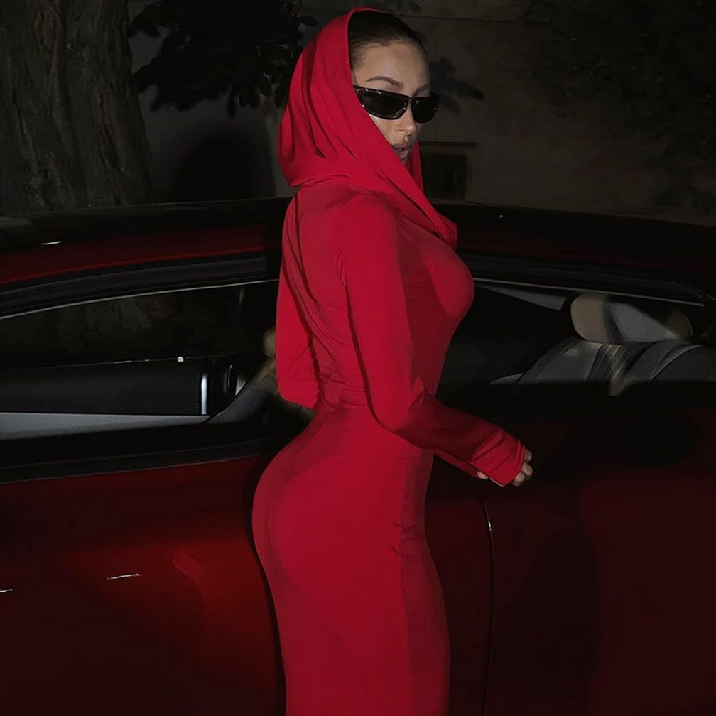 Women's Sexy Long Sleeve Hooded Bodycon Party Club Cocktail Maxi Dress - Image 6